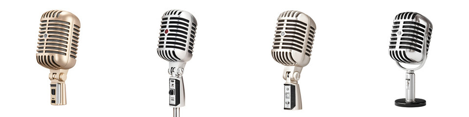 Fototapeta premium Vintage Microphone Collection: Retro Mics for Studio Recording on White