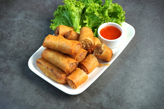 Fried spring rolls, dough stuffed with vegetables and pork,