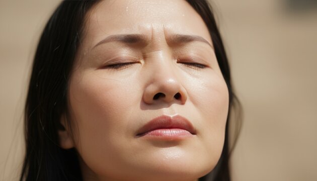 Mature Asian woman experiencing a hot flash during menopause. Close-up of a sweating face with an expression of discomfort. Hormonal changes and health symptoms concept