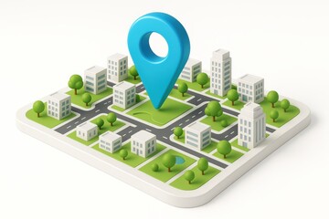 City Navigation Concept: An artistic representation of a city map. Featuring buildings and streets, complete with a location marker, it symbolizes the essence of navigation and urban planning.
