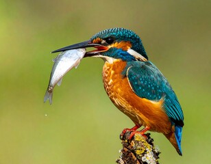 Close-up of a vibrant bird with a fish in its beak, perched on a branch