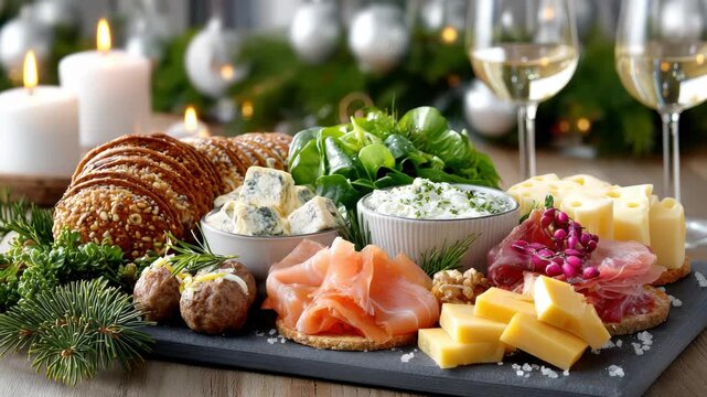 Tasty julbord assortment of Swedish Christmas dishes on a rustic wooden board - meatballs, salmon, ham, cheeses, breads and olives accented with candles and pine for a festive table