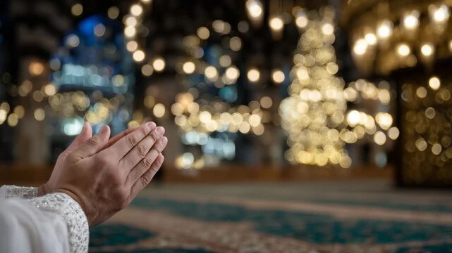 Muslim hands in supplication, mosque minbar and delicate calligraphy in the softly lit background
