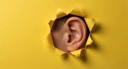 Human ear peeks through a torn yellow paper, creating an abstract effect