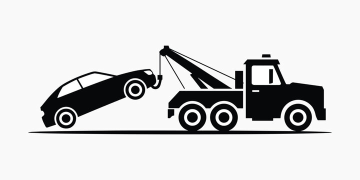 Black silhouette of a tow truck lifting a car on white background towing vehicle.