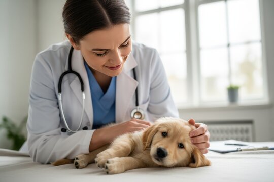 Caring female veterinarian examining a golden retriever puppy in a clinic. Professional vet doctor performing a medical checkup on a small dog. Pet healthcare and animal wellness