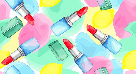 Lipstick and lemons whimsical pattern, bright pastels, abstract preppy background for beauty blogs, preppy fashion websites, cosmetic brand ads, and social media