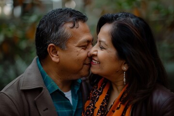 Fototapeta premium Portrait of a grinning latino couple in their 30s kissing