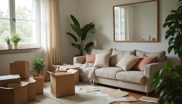 Unpacking boxes after moving home in living room. Cardboard boxes are everywhere near sofa. New home relocation messy interior with pillows and plant inside the house.