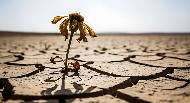 Wilted flower struggles for life in cracked, arid desert landscape under a bright sky.