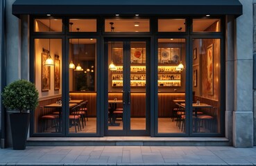 Exterior shot of cafe at dusk. Cafe entrance with glass doors shows interior design. Tables chairs and bar area inside. Evening lights create warm atmosphere.