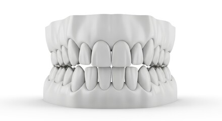 Perfect Human Teeth Model, Full Denture Isolated on White Background. 3D Render Illustration of a Healthy Dental Jaw.