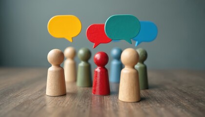 Wooden figures with speech bubbles display ideas and diverse opinions. People talk together in group discussion, share thoughts, build teamwork and share info. Concept art.