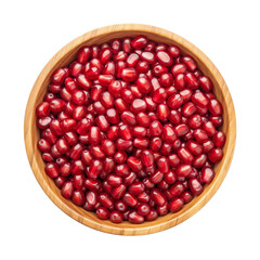 Top view of fresh pomegranate seeds in wooden bowl isolated on transparent background for healthy food, organic fruit, and nutrition design concept