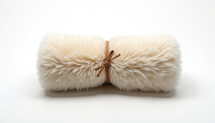 Creamy faux fur rug tied with leather cord on white background. Rolled soft fluffy textile provides comfort. Home decor element for modern apartment interior.