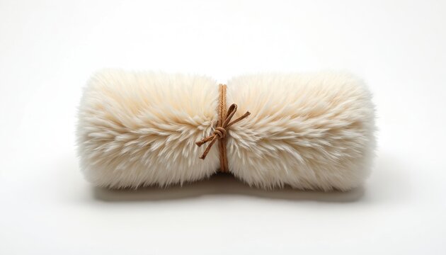 Creamy faux fur rug tied with leather cord on white background. Rolled soft fluffy textile provides comfort. Home decor element for modern apartment interior.