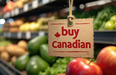 Sign prompts customers to buy Canadian produce in grocery store. Fresh fruits, vegetables are displayed in background shelves promoting local agriculture. Support Canadian farmers with your purchase.