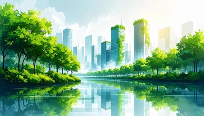 Fototapeta premium Vibrant green city skyline with lush vegetation and tranquil water reflections