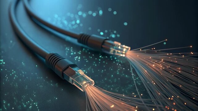 Fiber optic cable network connector glowing with data particles and light trails, glowing light strands conveying high speed data transmission