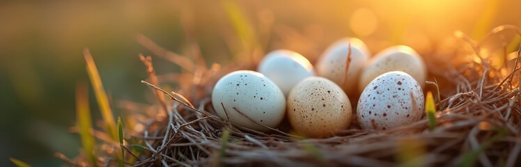 Group of speckled eggs rest inside nest. Warm light illuminate. Concept of nature safety. Symbol of new life. Eggs surrounded with green grass. Easter concept shows nest. Protection of wild animals.