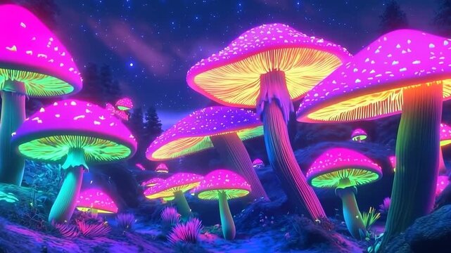 Vibrant glow of neon mushrooms under a starry night sky in a mystical forest landscape