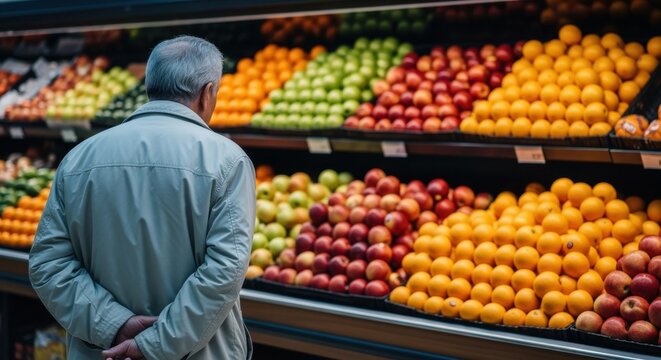 Back view of an older man shopping for fresh fruit in a supermarket. Senior customer choosing apples and oranges in the produce aisle. Healthy lifestyle and nutrition concept - Powered by Adobe