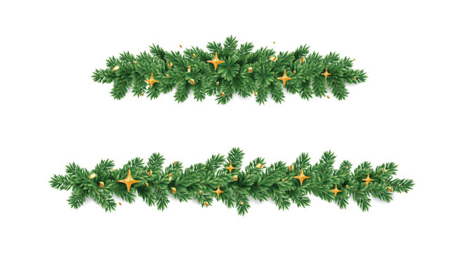 Christmas tree garlands on white background. Realistic pine-tree branches with gold stars and shining confetti. Vector border for holiday banners, party posters, cards,