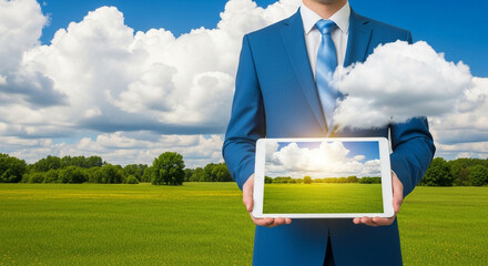 Businessman holding tablet with green field and cloud, symbolizing cloud computing and environmental awareness
