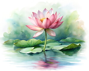 Beautiful pink lotus flower blooming on water with green leaves and reflection