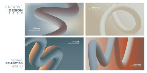 Set of abstract dynamic 3d curved gradient shapes. Color blend lines. Futuristic backgrounds. Vector illustration.