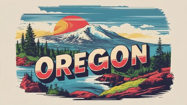 Retro poster of natural landscape of Oregon, illustration
