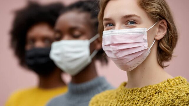 Three women aligned facing right, white masks and garments contrasting with soft pastel background, representing order, hygiene, and public health concept