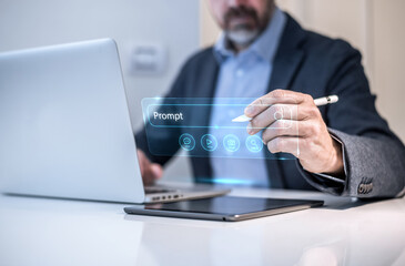 Businessman writing a prompt on a futuristic virtual screen to command a generative AI tool