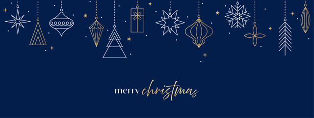 Christmas banner with hanging decoration, gold ornament card