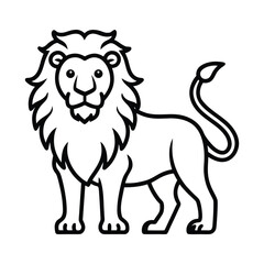 Obraz premium Stylized line art drawing of a majestic lion standing proudly isolated on white background, A simple black and white line drawing of a lion, showcasing its mane and regal posture, isolated on a clean 
