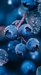 Close up macro shot of ripe blueberries with water droplets on a dark blue background
