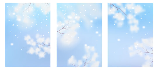 Blurred winter snow-covered leaves on an abstract background with a blue-pink gradient. Winter-themed blur effect. Vector illustration	