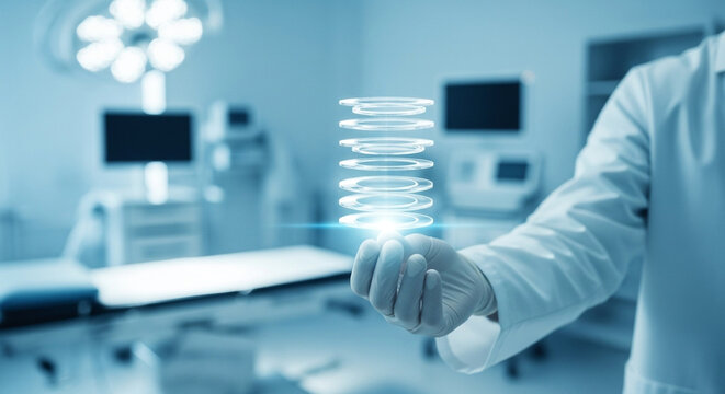 Doctor holding a virtual spinal column in an operating room with medical equipment in the background