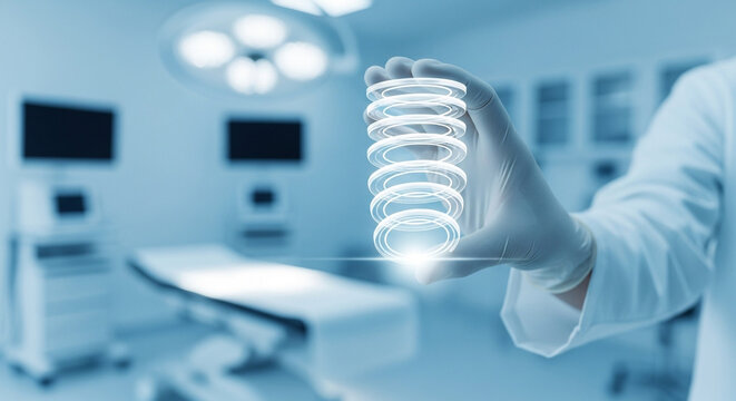 Doctor holding a virtual spinal column in an operating room with medical equipment in the background - Powered by Adobe