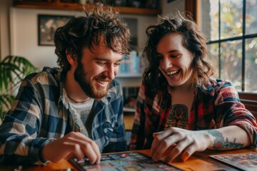 Fototapeta premium Portrait of a smiling couple in their 20s playing a board game
