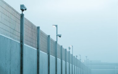 Obraz premium Reinforced concrete panel fence with security cameras under overcast sky