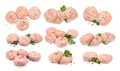 Uncooked patties and spices isolated on white, collage