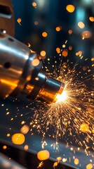Intense sparks fly as a metal cutting torch precisely shapes industrial material with fiery precision