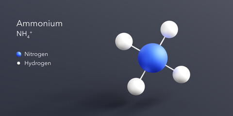 ammonium molecule 3d rendering, flat molecular structure with chemical formula and atoms color coding