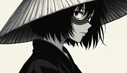Illustration of anime woman with mask wearing traditional japanese hat. Portrait of mysterious girl with short black hair and japanese style outfit. Monochrome art.