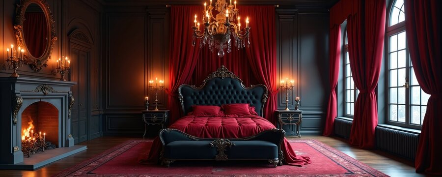 Ornate gothic bedroom design features large bed with red velvet bedding. Fireplace burns with candles on mantelpiece. Chandelier illuminates room with dark red curtains, large windows. Luxury style.