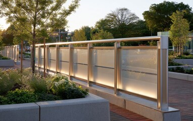 Modern fence design with brushed metal frames and glass panels enhances urban landscape at sunset