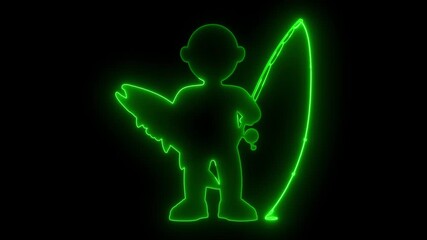 Cartoon surfer silhouette with glowing blue neon outline holding surfboard and wings against a dark background creating a cool effect
