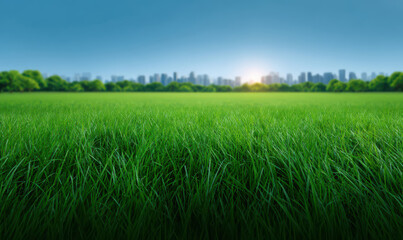 Obraz premium Lush Green Grass Field with City Skyline at Sunrise Background