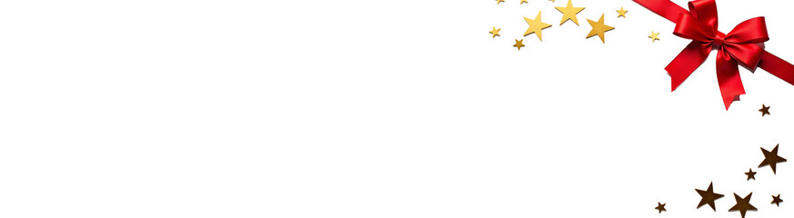 Banner minimalist white background with a single red ribbon bow and golden stars, clean composition, high-key lighting, copy space
